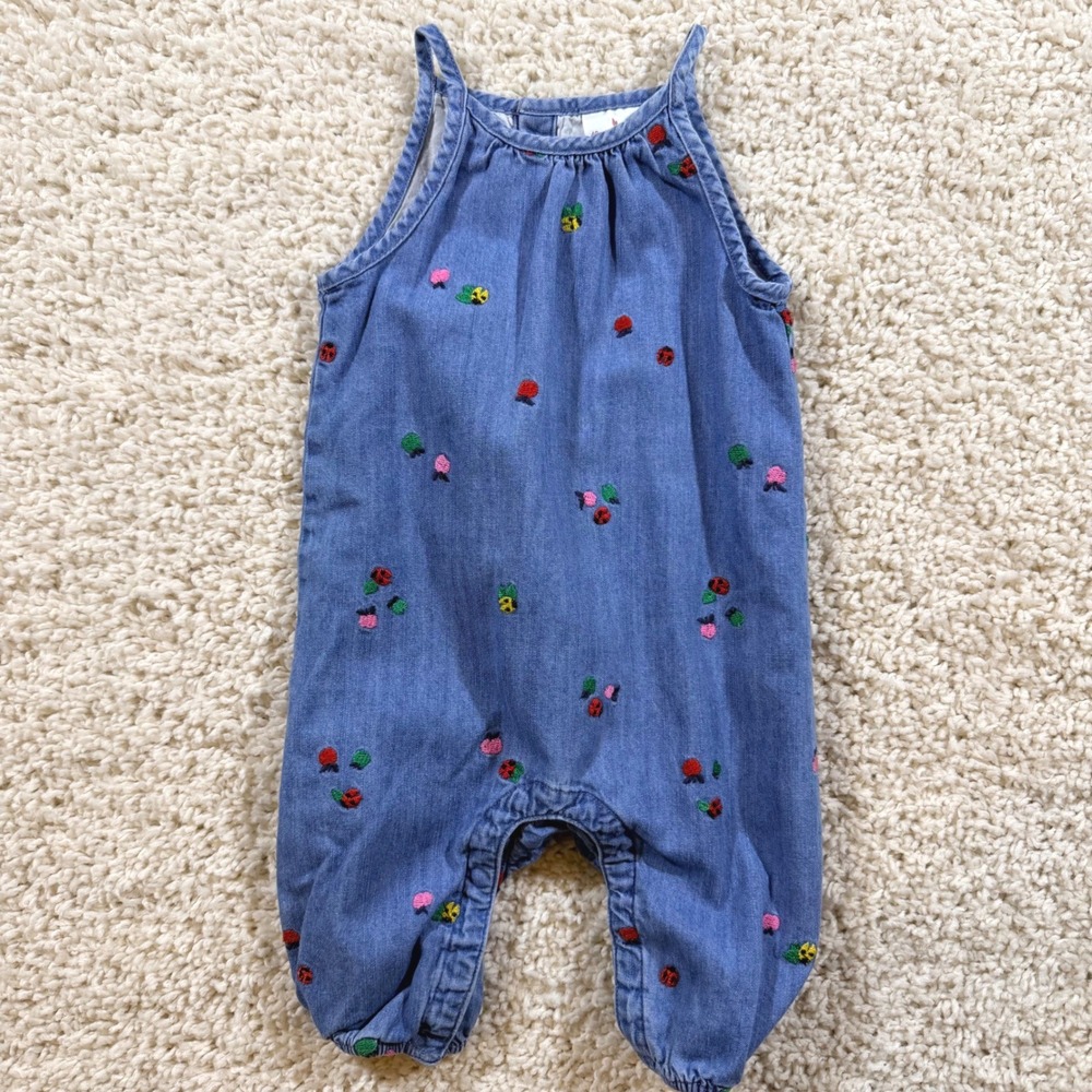 Hanna Andersson Baby Girls Blue Chambray Embroidered Ladybug Romper 3-6 Months
